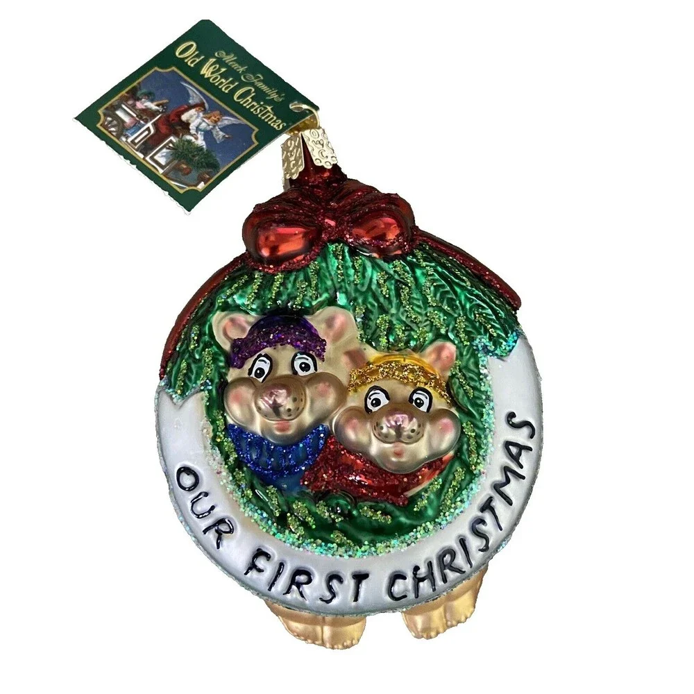 Old World Christmas Ornament Our First Christmas Mice 2 sided Gift Box